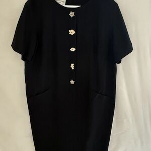 Evan-Picone Dress 16W Black Shift Short Sleeve Novelty Metal Button Retro Sheath